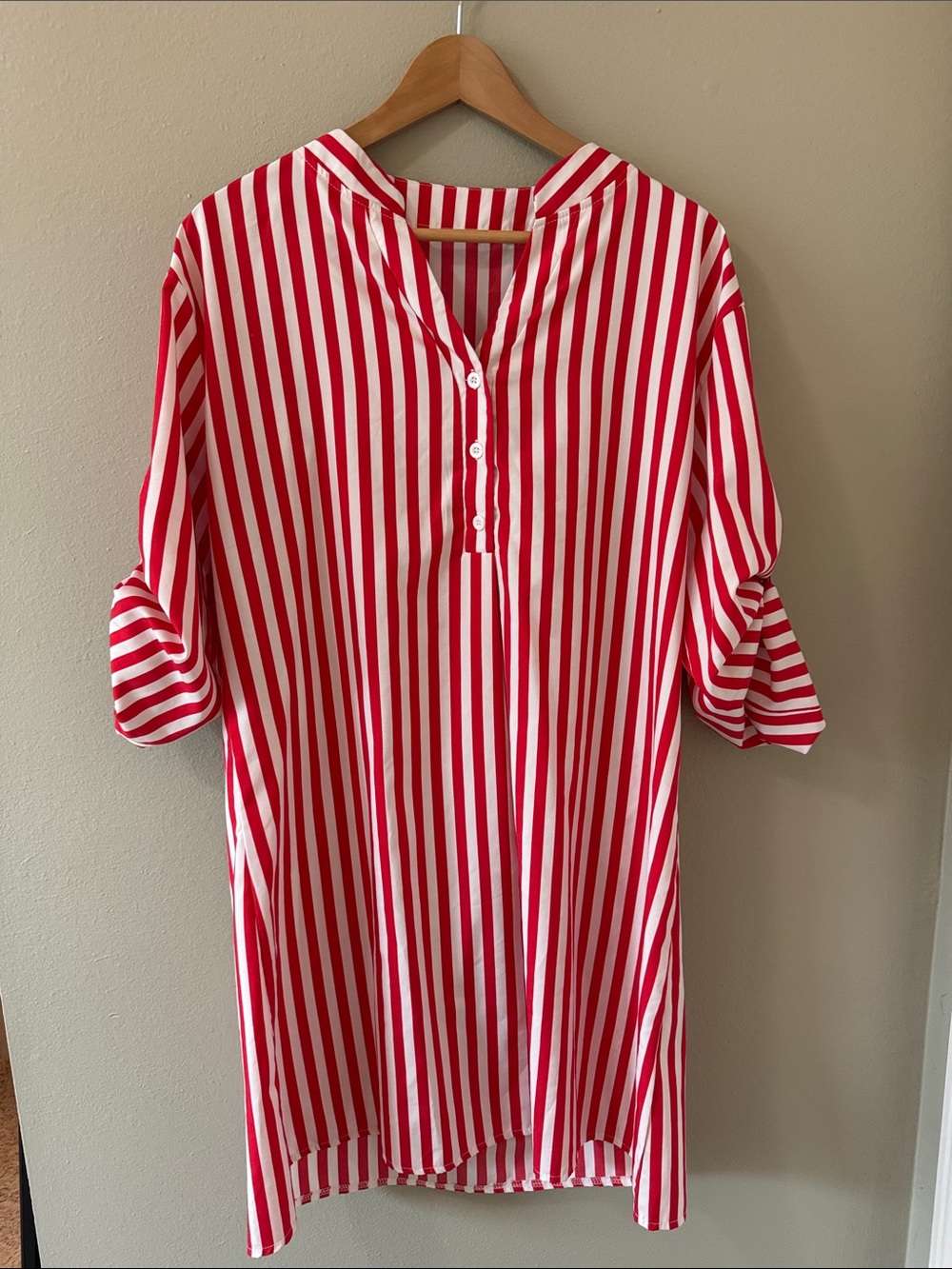 Red & White Striped Mini Dress with Button Placket